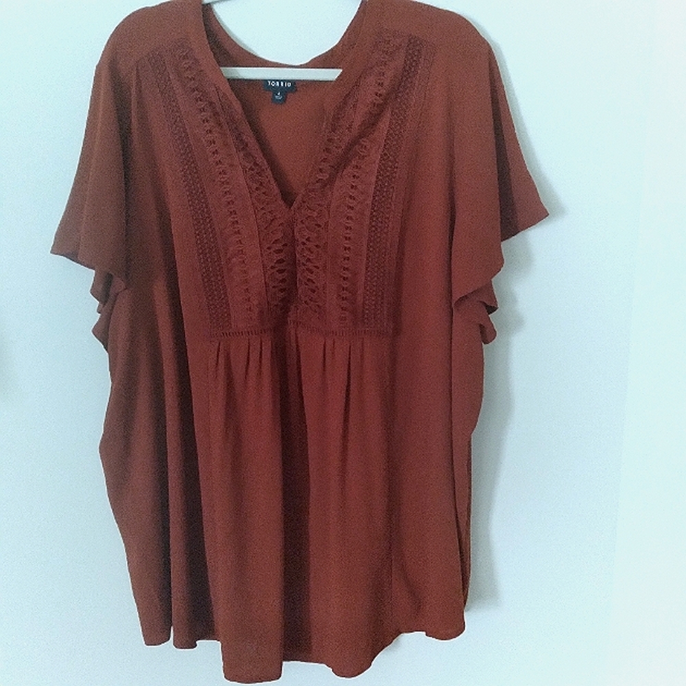 Torrid Flowy Summer Tunic Top Blouse 4X Lace Detail Rust‎ Brown